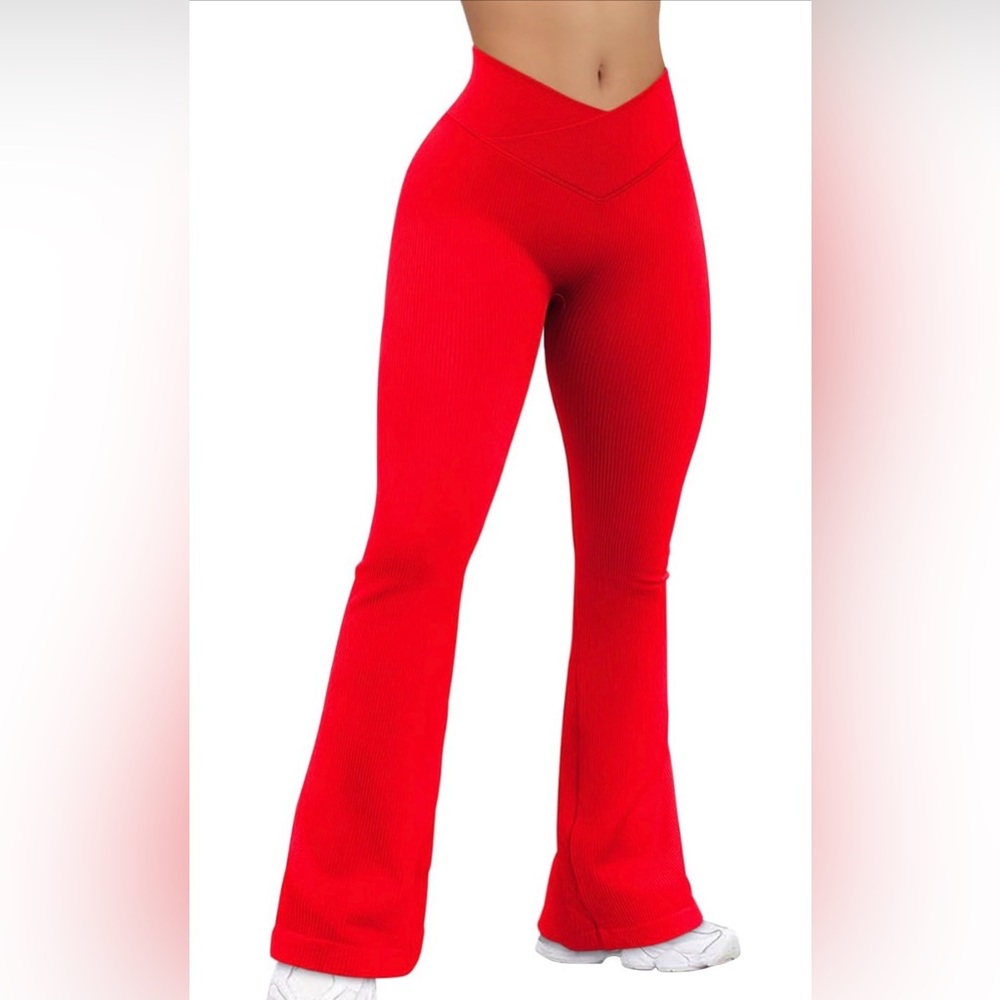 OQQ High-Waist Red Flared Ribbed Pants